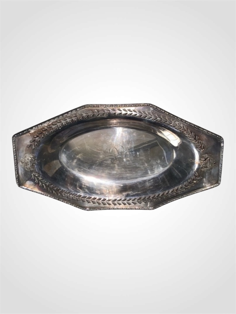 BRS Nickel Silver Plated Ornate Trimmed 12.75” Oval Serving Tray Monogrammed RS